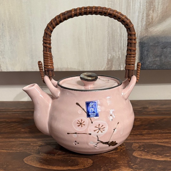 Sousaku Japan Other - Vintage Sousaku Japan Ceramic Pink Teapot Cherry Blossoms Bamboo Handle